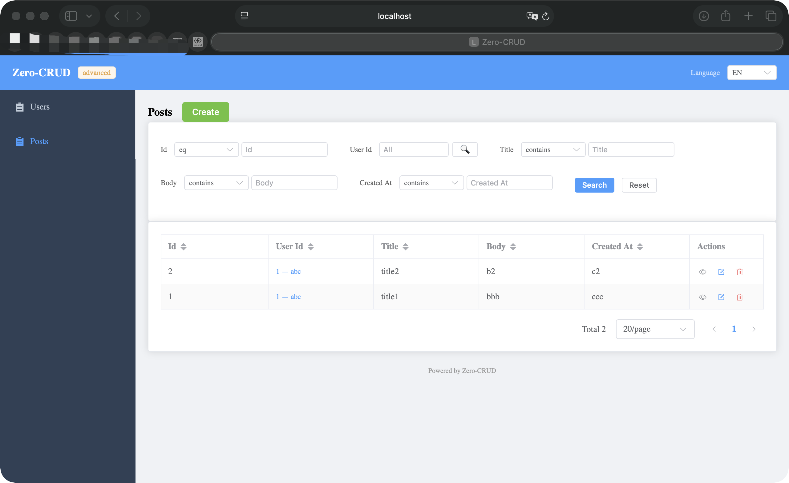 Generated admin pages